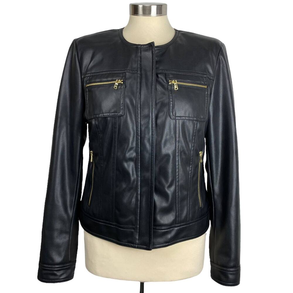 COLE HAAN Faux Leather Collarless Full Hidden Zip Moto Jacket in Black, Medium